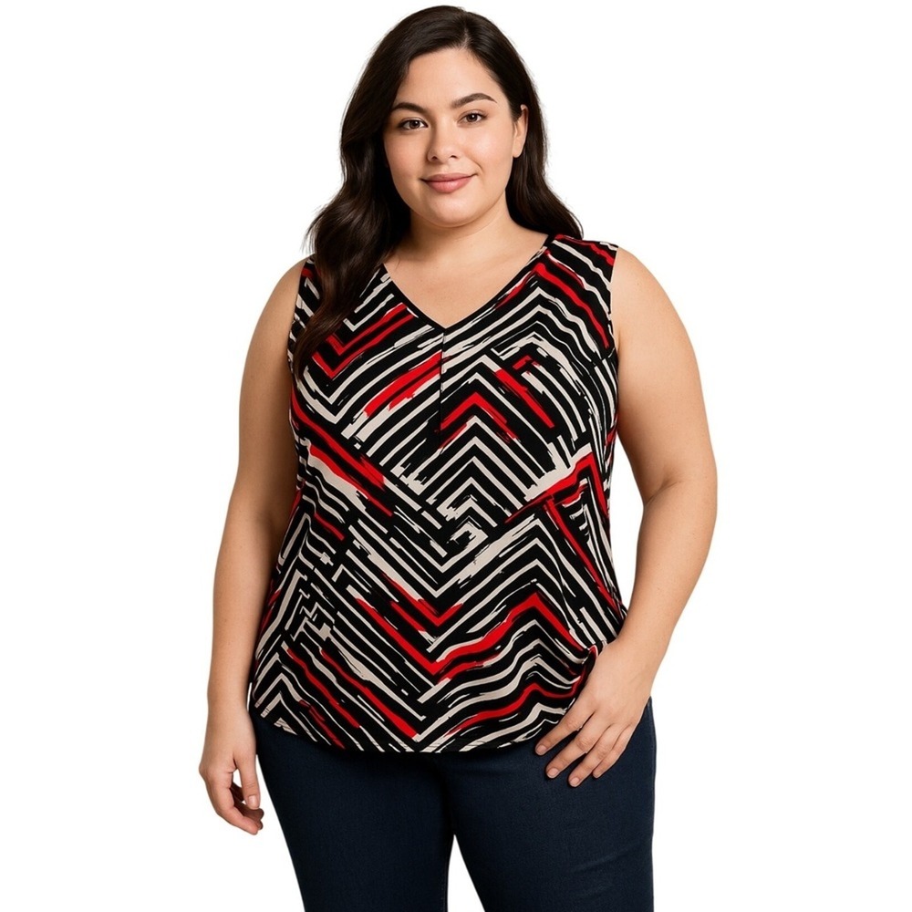 Kasper Womens 1X Geometric Print Sleeveless V Neck Top Black White Red